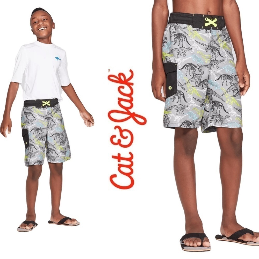 ✨NEW✨ CAT & JACK Boys' Dino Print Swim Trunks in Gray - XS (4/5)